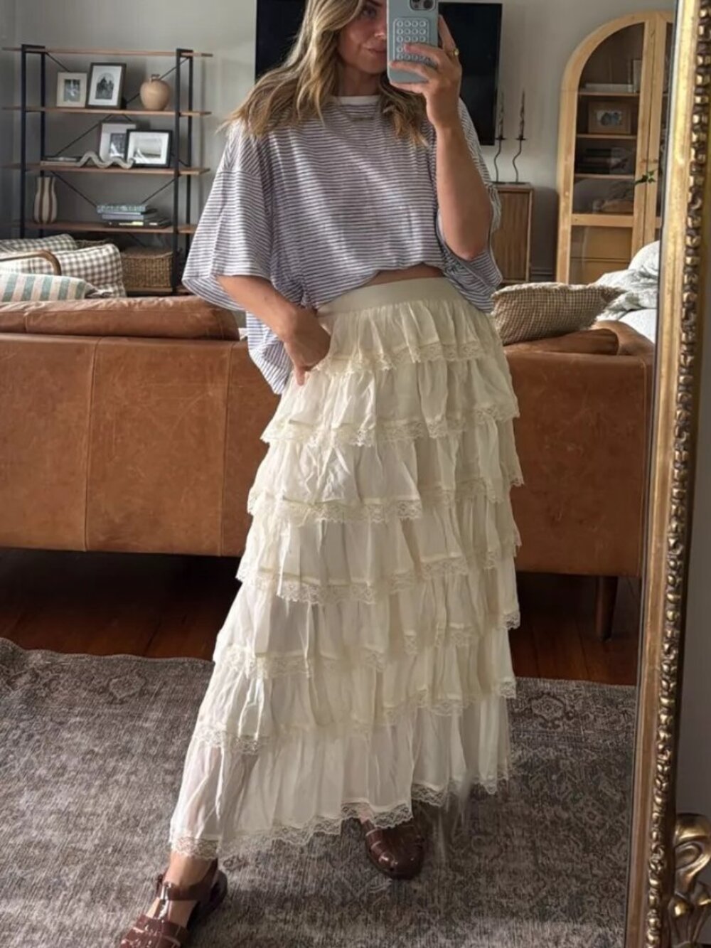 VRG GRL Tiered Lace Maxi Skirt in Cream